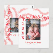 Red glitter kids family photo happy holidays name ポストカード (正面/裏面)