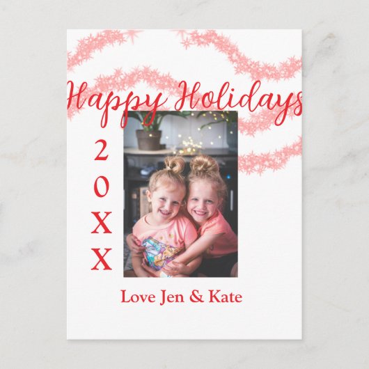 Red glitter kids family photo happy holidays name ポストカード (正面)