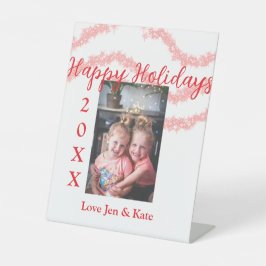 Red glitter kids family photo happy holidays name 台座サイン