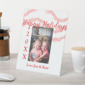 Red glitter kids family photo happy holidays name 台座サイン (インサイチュ)