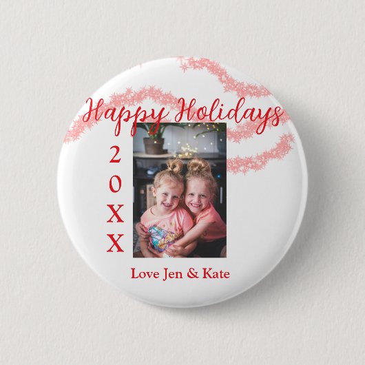 Red glitter kids family photo happy holidays name 缶バッジ (正面)