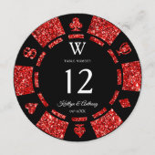 Red Glitter Monogram Poker Chip Casino Wedding 招待状 (正面)