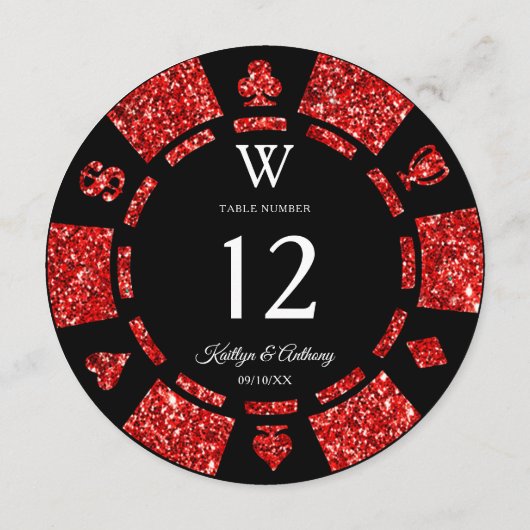 Red Glitter Monogram Poker Chip Casino Wedding 招待状 (裏面)