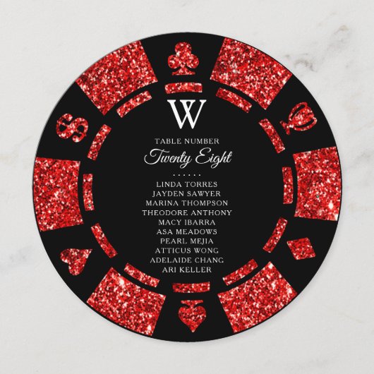 Red Glitter Monogram Poker Chip Casino Wedding 招待状 (正面)