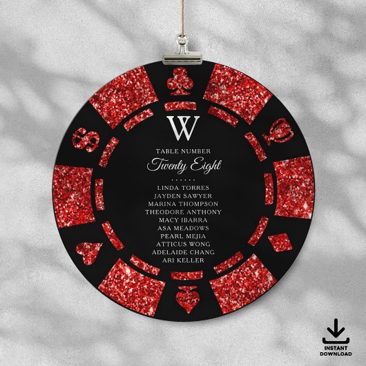 Red Glitter Monogram Poker Chip Casino Wedding 招待状