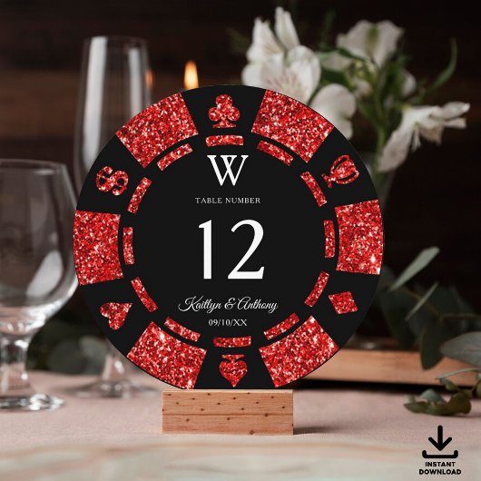 Red Glitter Monogram Poker Chip Casino Wedding 招待状