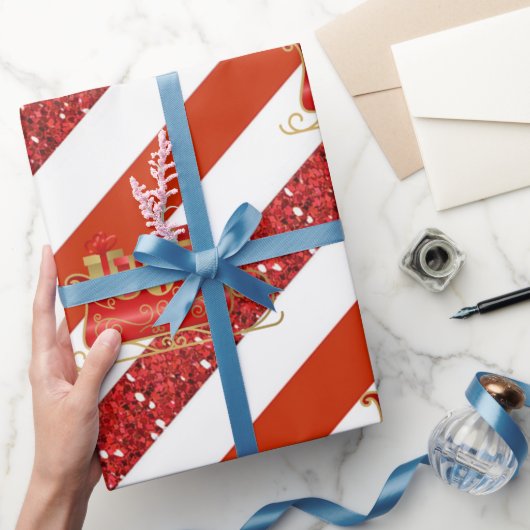 Red Glitter White Striped Christmas Sleigh ラッピングペーパー (ギフト)