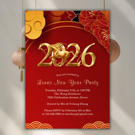 Red Gold 2026 Horse Chinese Lunar New Year Party 招待状