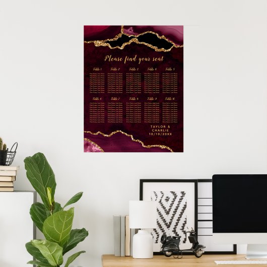 Red Gold Agate Wedding Seating Chart 10 Table ポスター (ホームオフィス)