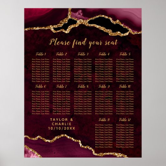Red Gold Agate Wedding Seating Chart 12 Table ポスター (正面)
