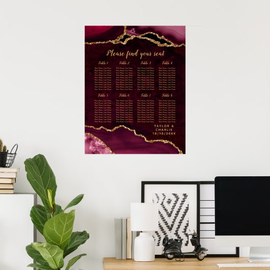 Red Gold Agate Wedding Seating Chart 8 Table ポスター (ホームオフィス)