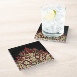 Red Gold and Black Damask  ガラスコースター