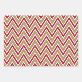 Red, Gold, and White Chevron & Stripe Patterns ラッピングペーパーシート