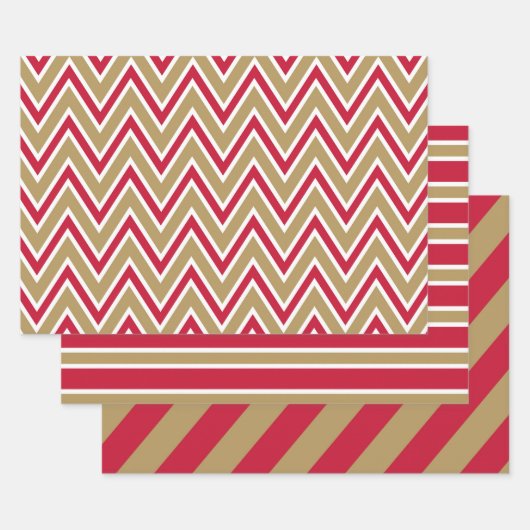 Red, Gold, and White Chevron & Stripe Patterns ラッピングペーパーシート (セット)