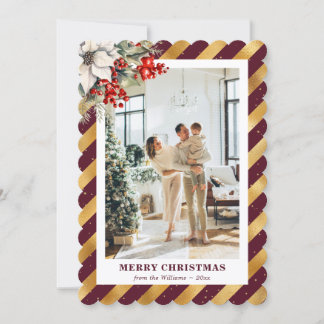 Red Gold Botanical Modern Photo Christmas Card シーズンカード