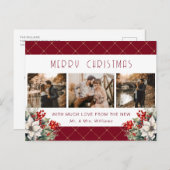 Red Gold Botanical Photo Newlywed シーズンポストカード (正面/裏面)