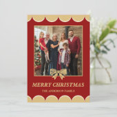 Red & Gold Bow Scalloped Family Christmas Photo シーズンカード (スタンド正面)