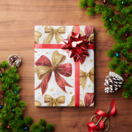 Red Gold Bows Christmas ラッピングペーパー