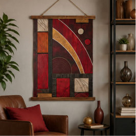 Red Gold Burgundy Geometric Abstract Art Deco Wood 吊り下げ型タペストリー