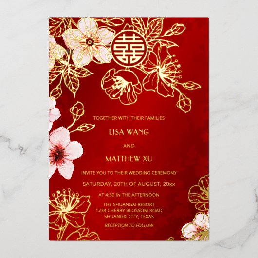 Red Gold Cherry Blossom Chinese Wedding 箔招待状 (正面)