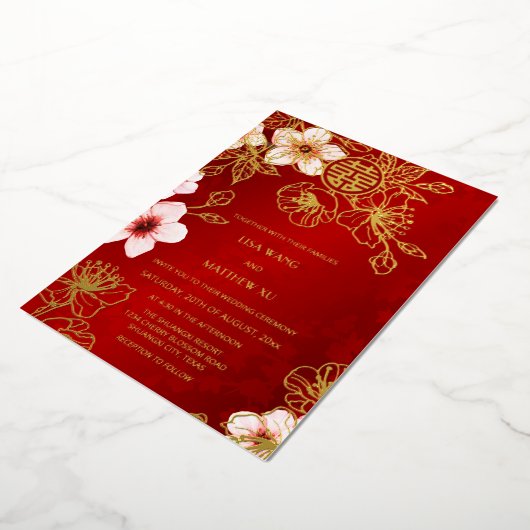 Red Gold Cherry Blossom Chinese Wedding 箔招待状 (回転した状態)