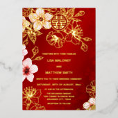 Red Gold Cherry Blossom Chinese Wedding 箔招待状 (正面)