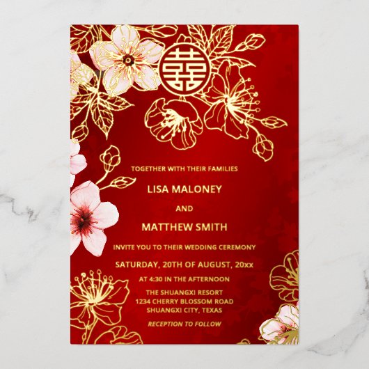 Red Gold Cherry Blossom Chinese Wedding 箔招待状 (正面)
