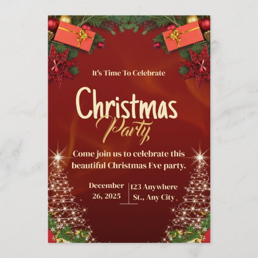 Red & Gold Christmas Eve Party Invitation Card 招待状 (正面)