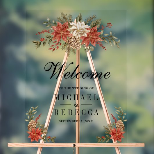 Red Gold Christmas Floral Wedding Welcome アクリルサイン (ニュートラル)