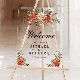 Red Gold Christmas Floral Wedding Welcome アクリルサイン