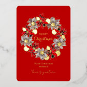 Red & Gold Christmas Poinsettia Wreath Foil Holida 箔シーズンカード (正面)