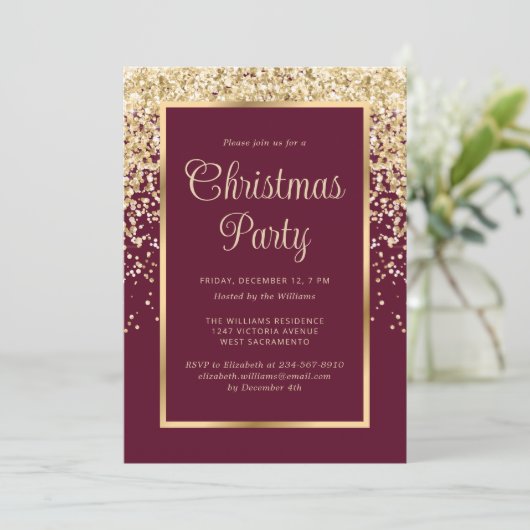 Red Gold Confetti Botanical Christmas Party 招待状 (スタンド正面)