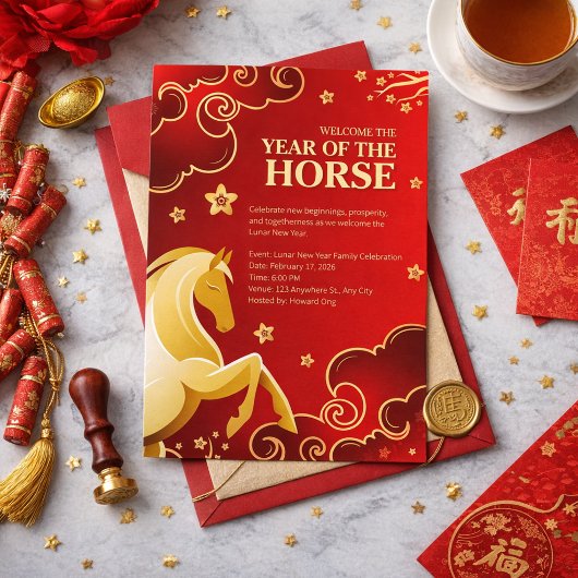 Red Gold Elegant Lunar New Year Horse 招待状