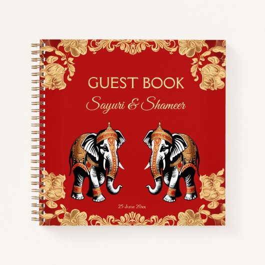 Red gold elephants Indian wedding guest book ノートブック (正面)