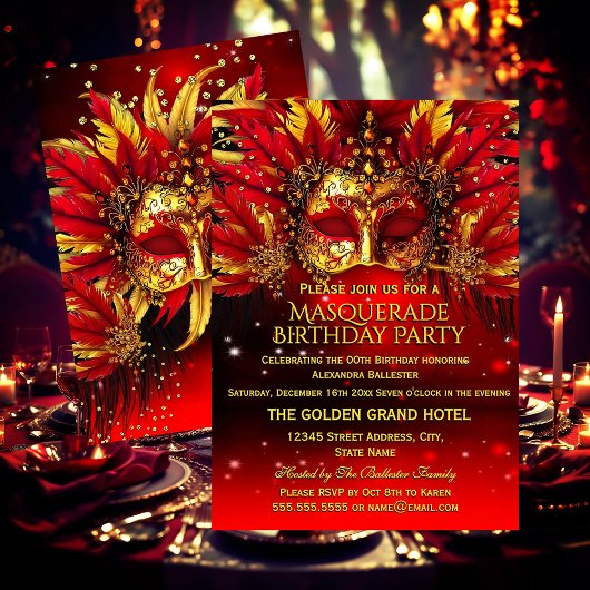 Red Gold Feathered Masks Masquerade Birthday Party 招待状