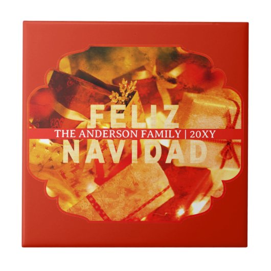 Red Gold Feliz Navidad Elegant Keepsake Christmas タイル (正面)