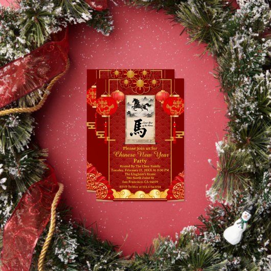 Red & Gold Festive Scroll Lunar Year of the Horse 箔招待状 (インサイチュ)