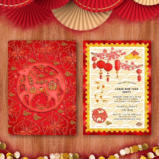 Red Gold Floral Horse 2026 Chinese New Year Party 招待状