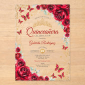 Red Gold Floral Quinceanera アクリル招待状 (正面)