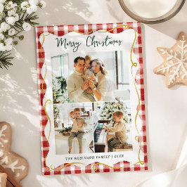 Red & Gold Gingham Pattern Merry Christmas 3 Photo シーズンカード