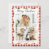 Red & Gold Gingham Pattern Merry Christmas 3 Photo シーズンカード (正面)