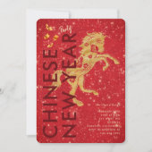 Red Gold Glitter Horse Lunar New Year Party 招待状 (正面)