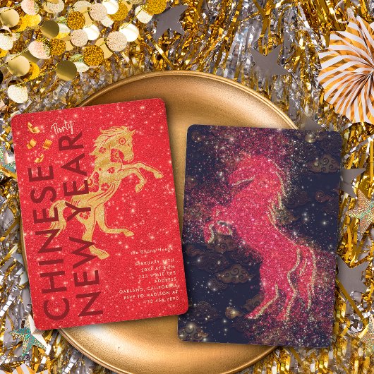 Red Gold Glitter Horse Lunar New Year Party 招待状