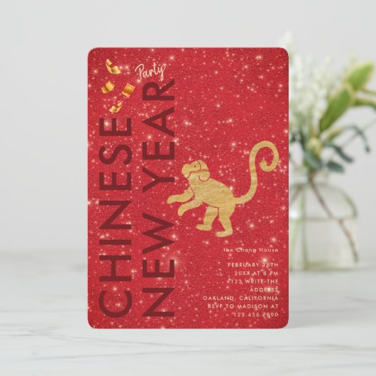Red Gold Glitter Monkey Lunar New Year Party 招待状 (スタンド正面)