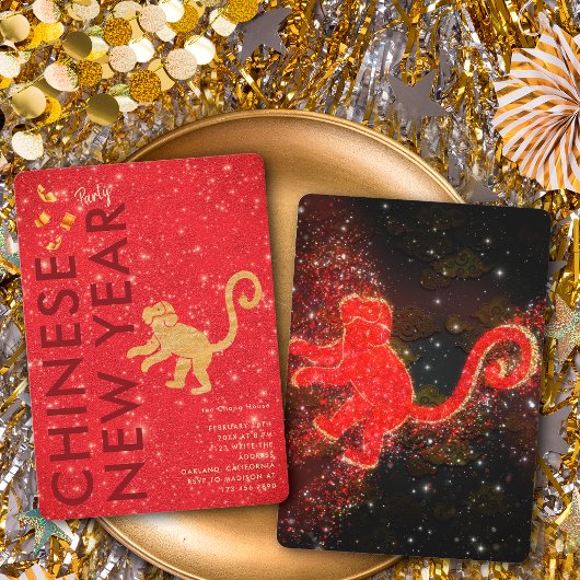 Red Gold Glitter Monkey Lunar New Year Party 招待状