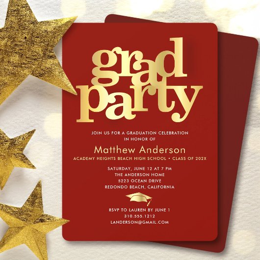 Red Gold Graduation Cap Bold Typography Minimal 招待状