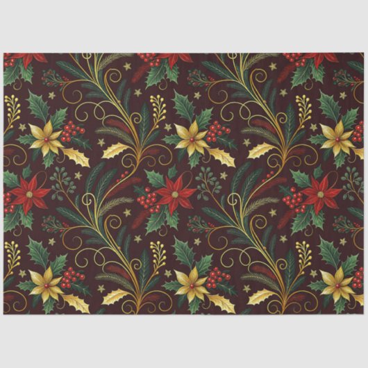 Red Gold Green Christmas Florals Decoupage 薄葉紙 (正面)