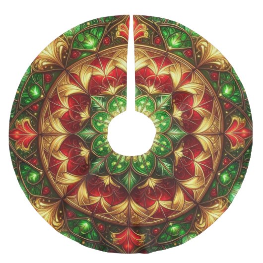 Red Gold Green Decorative Tree Skirt ブラッシュドポリエステルツリースカート (正面)
