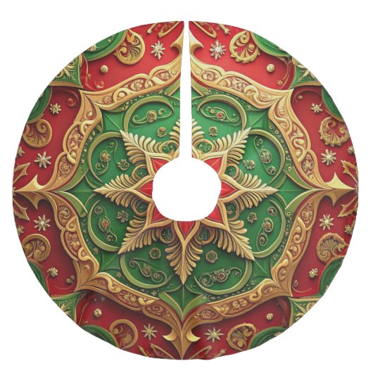 Red Gold Green Decorative Tree Skirt ブラッシュドポリエステルツリースカート (正面)