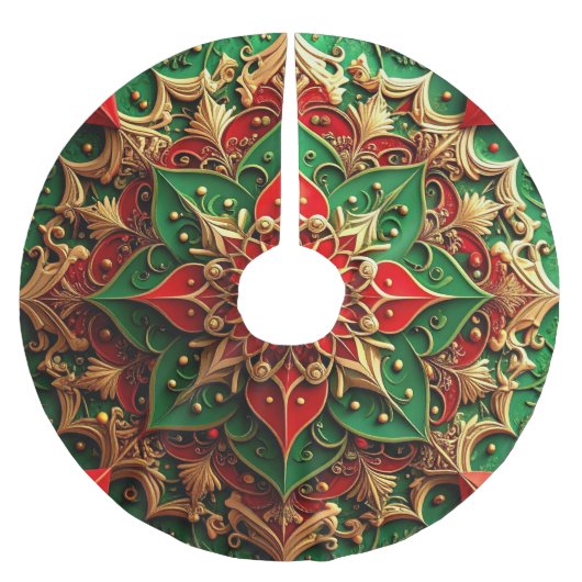 Red Gold Green Decorative Tree Skirt ブラッシュドポリエステルツリースカート (正面)